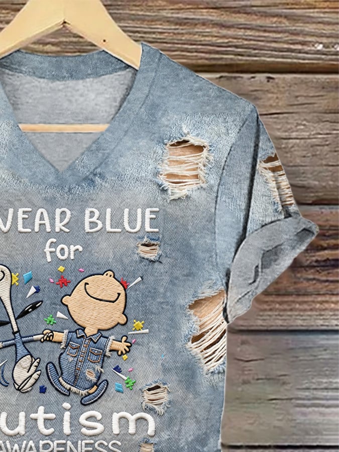 V-Neck Retro Autism Awareness I Wear Blue For Autism Accept, Understand, Love Print T-Shirt