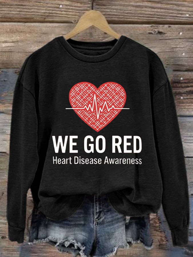Women's Casual Heart Disease Awareness In February Wear Red Printed Long-Sleeve Sweatshirt