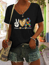 Women's Peace love Autism V Neck Short Sleeve T-Shirt