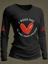 Women's Casual Heart Disease Awareness Print Long-Sleeve T-Shirt