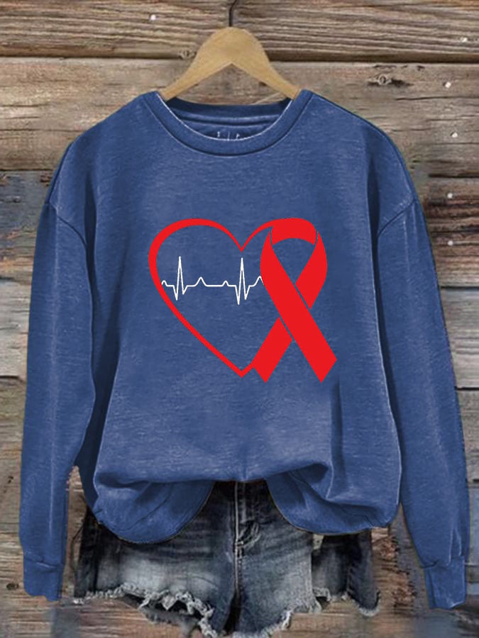 Women's Casual Heart Disease Awareness In February Wear Red Printed Long-Sleeve Sweatshirt
