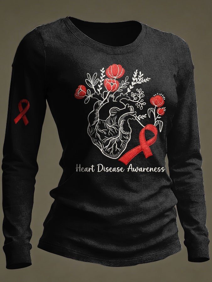 Women's Casual Heart Disease Awareness Print Long-Sleeve T-Shirt