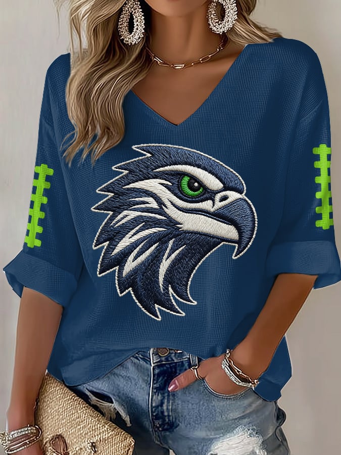 Women's Football Print Waffle Long Sleeve T-Shirt