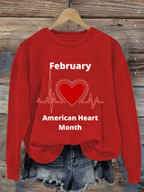 Women's Casual Heart Disease Awareness In February Wear Red Printed Long-Sleeve Sweatshirt