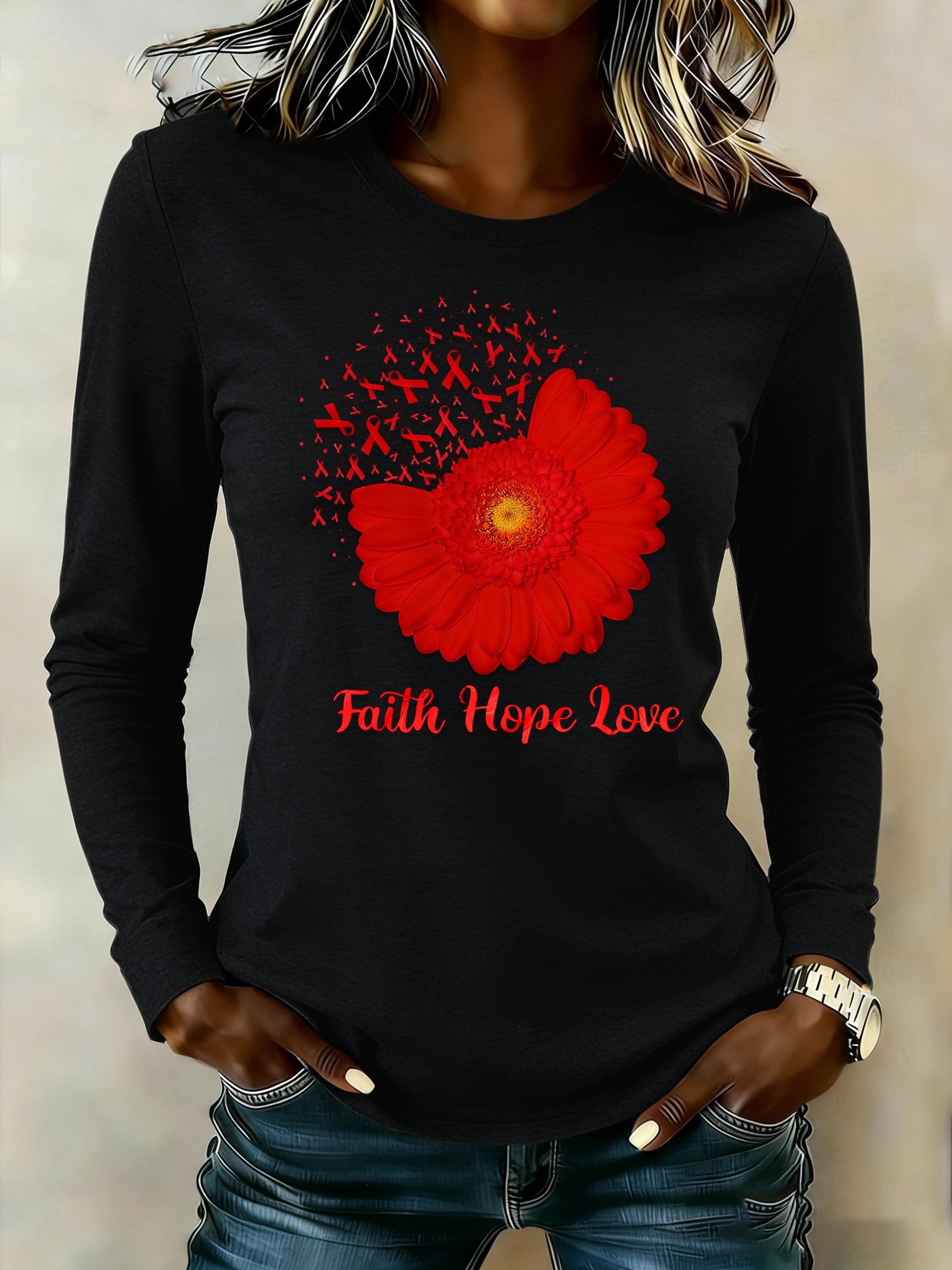 Women's casual long-sleeved T-shirt for heart disease awareness