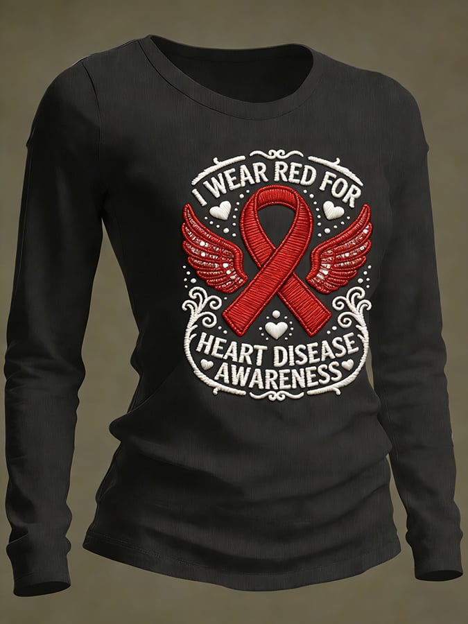 Women's Casual Heart Disease Awareness Print Long-Sleeve T-Shirt