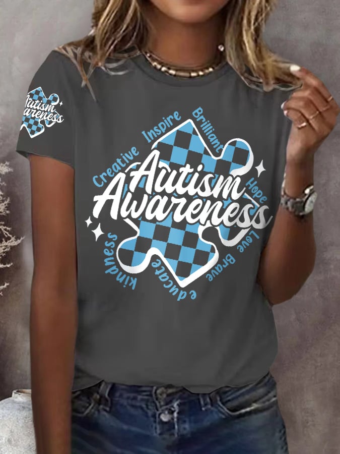 Retro Autism Awareness Creative Inspire Brilliant Hope Love Brave Educate Kindness Print T-Shirt
