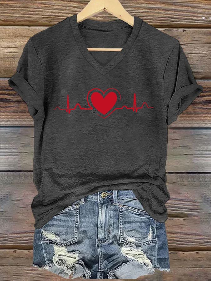 Women's Casual Heart Disease Awareness Printed Short-Sleeve T-Shirt