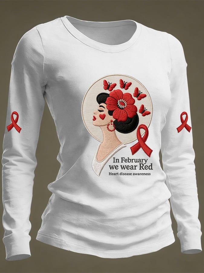 Women's Casual Heart Disease Awareness Print Long-Sleeve T-Shirt