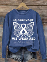 Women's Casual Heart Disease Awareness In February Wear Red Printed Long-Sleeve Sweatshirt