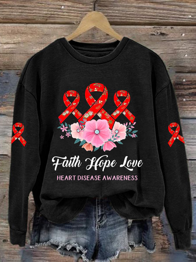 Women's Casual Heart Disease Awareness In February Wear Red Printed Long-Sleeve Sweatshirt