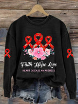 Women's Casual Heart Disease Awareness In February Wear Red Printed Long-Sleeve Sweatshirt