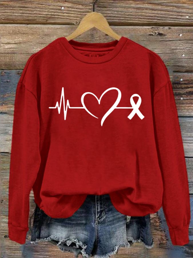 Women's Casual Heart Disease Awareness Printed Long-Sleeve Sweatshirt