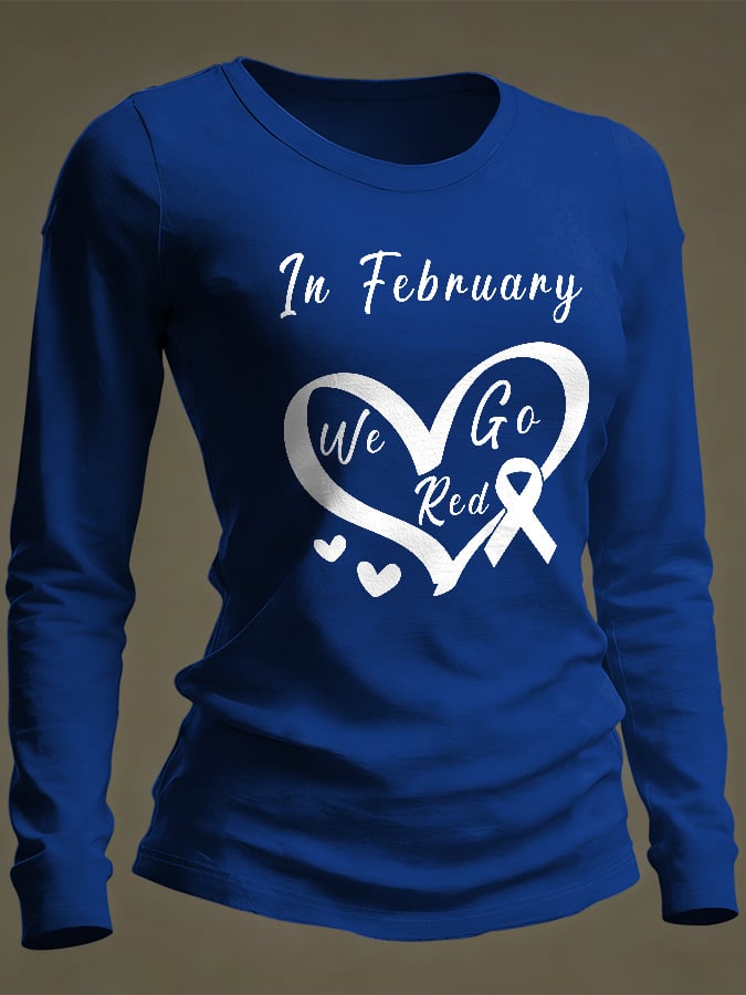 Women's Casual Heart Disease Awareness Print Long-Sleeve T-Shirt