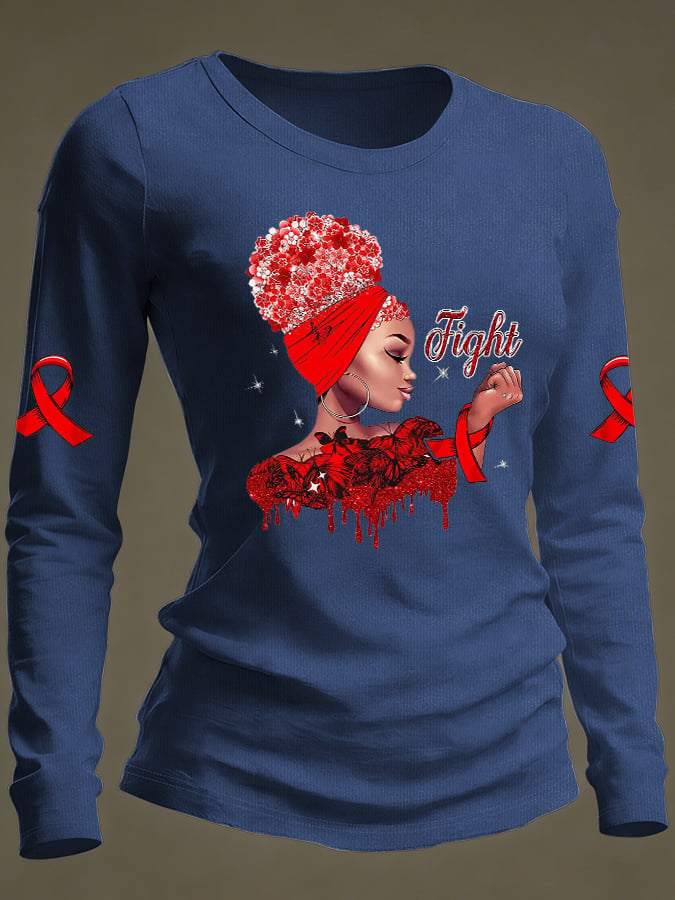 Women's Casual Heart Disease Awareness Print Long-Sleeve T-Shirt