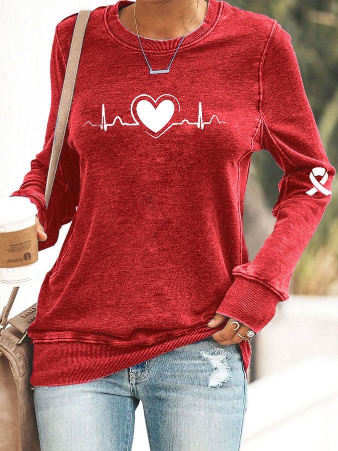 Women's Casual Heart Disease Awareness Printed Sweatshirt