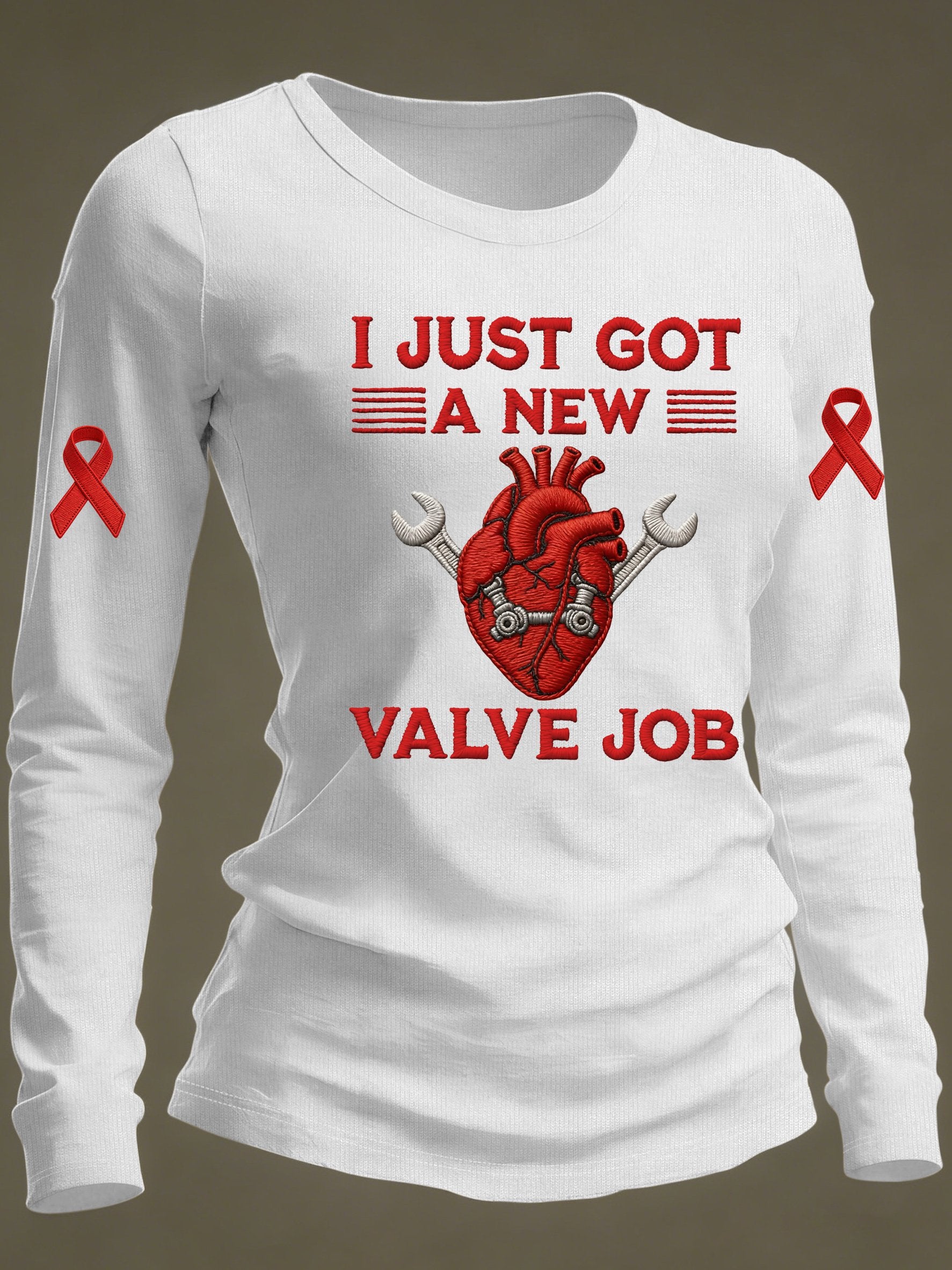 Women's Casual Heart Disease Awareness Long-Sleeve T-Shirt (I JUST GOT A NEW VALVE JOB)