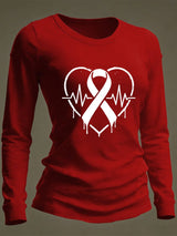 Women's Casual Heart Disease Awareness Print Long-Sleeve T-Shirt