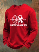Men's casual long-sleeved T-shirt with heart disease awareness design