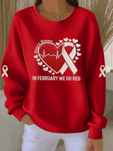 Women's Casual Heart Disease Awareness Print Long Sleeve Knit Top