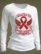Women's Casual Heart Disease Awareness Print Long-Sleeve T-Shirt