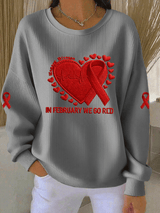 Women's Casual Heart Disease Awareness Print Long Sleeve Knit Top