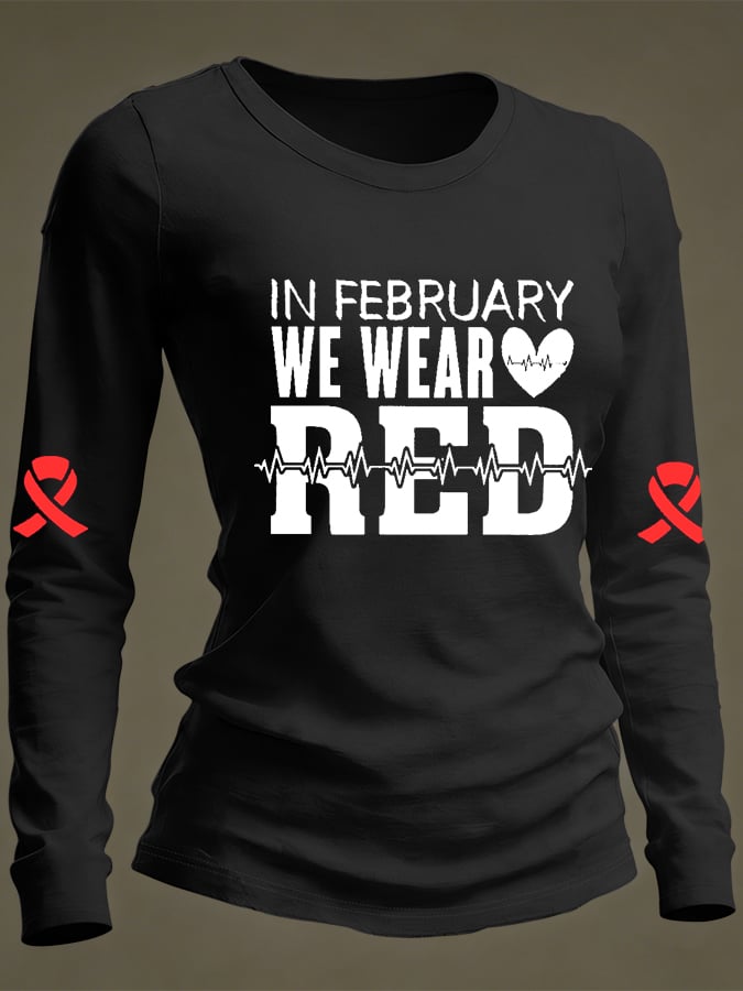 Women's Casual Heart Disease Awareness Print Long-Sleeve T-Shirt