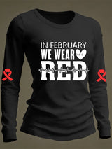 Women's Casual Heart Disease Awareness Print Long-Sleeve T-Shirt