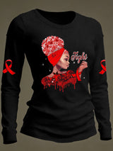 Women's Casual Heart Disease Awareness Print Long-Sleeve T-Shirt