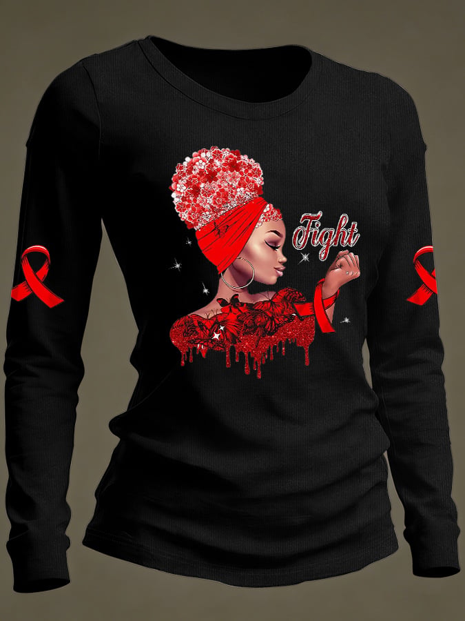 Women's Casual Heart Disease Awareness Print Long-Sleeve T-Shirt