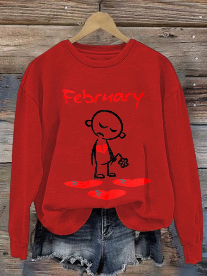 Women's Casual Heart Disease Awareness In February Wear Red Printed Long-Sleeve Sweatshirt
