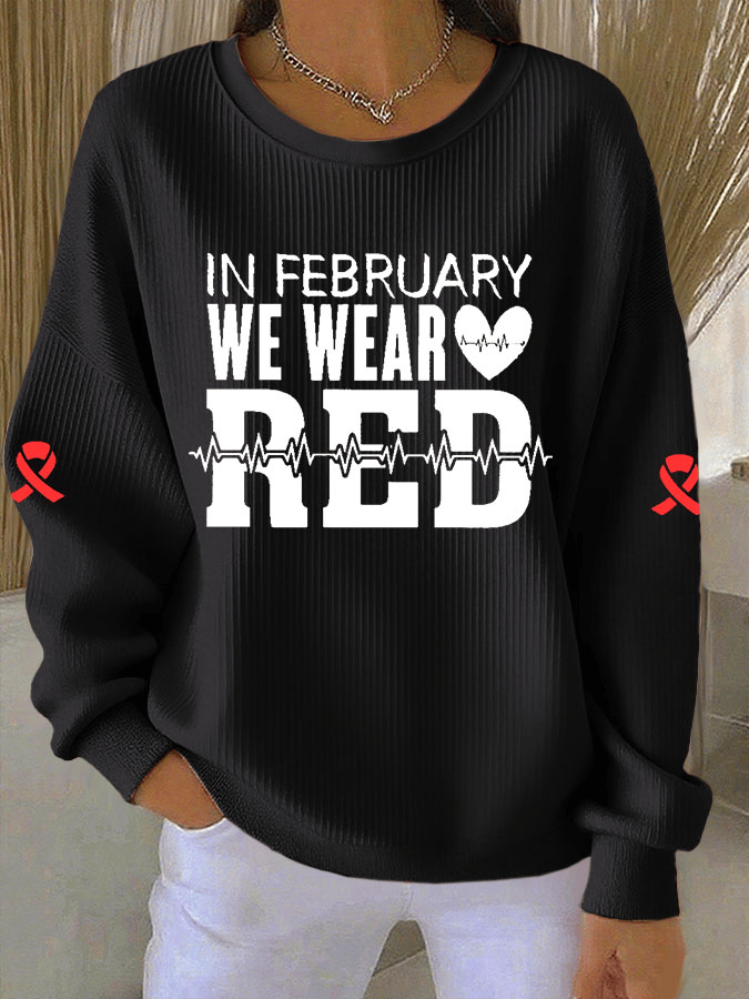 Women's Casual Heart Disease Awareness Print Long Sleeve Knit Top
