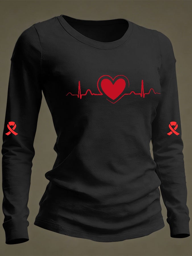 Women's Casual Heart Disease Awareness Print Long-Sleeve T-Shirt