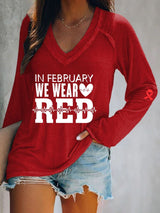 Women's Casual Heart Disease Awareness Printed Long Sleeve Top
