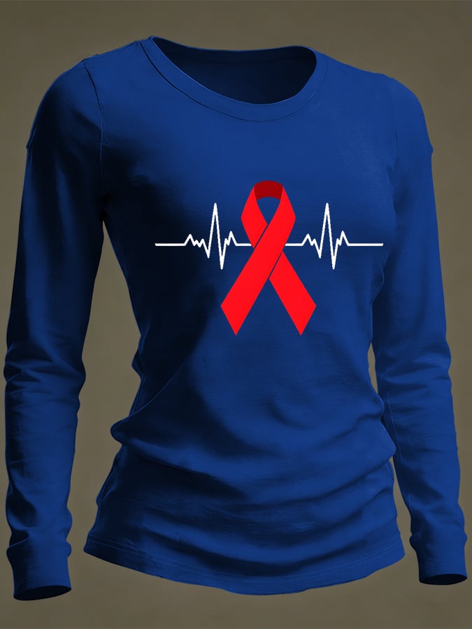 Women's Casual Heart Disease Awareness Print Long-Sleeve T-Shirt