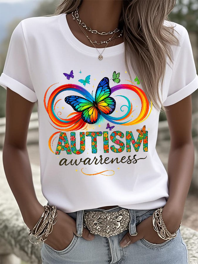 Retro Autism Awareness Butterfly Infinity Print T-Shirt