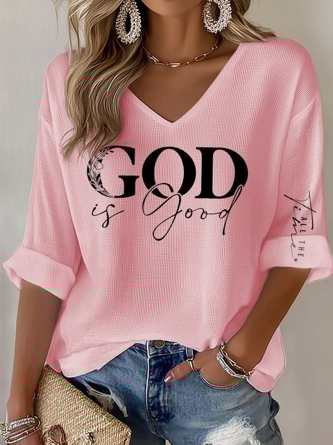 Women's casual God is good at all times waffle long-sleeved T-shirt