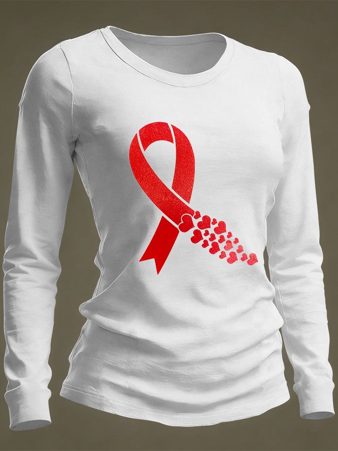 Women's Casual Heart Disease Awareness Print Long-Sleeve T-Shirt