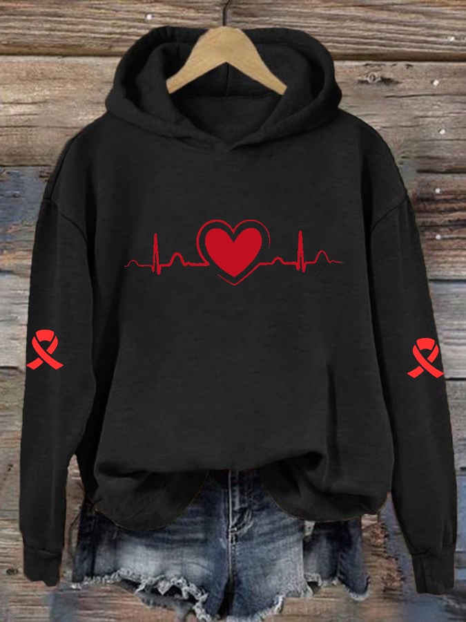 Women's Casual Heart Disease Awareness Print Hoodie
