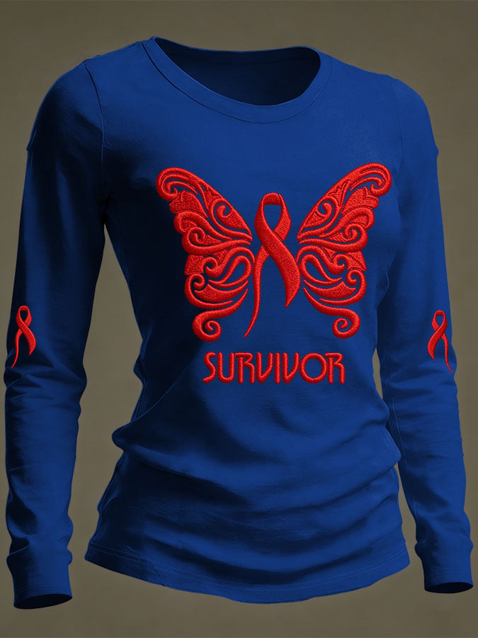 Women's Casual Heart Disease Awareness Print Long-Sleeve T-Shirt