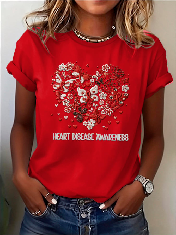 Women's Heart Disease Awareness Printed T-shirt
