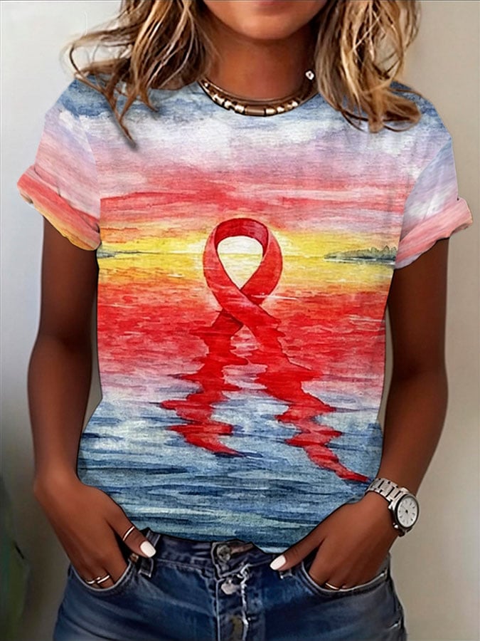 Women's Heart Disease Awareness Red Ribbon Print Casual T-shirt