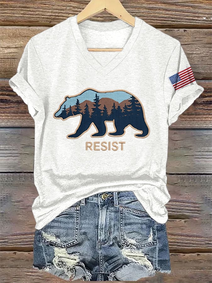 Women's V-Neck Retro Resist Save The Forest Service Print T-Shirt