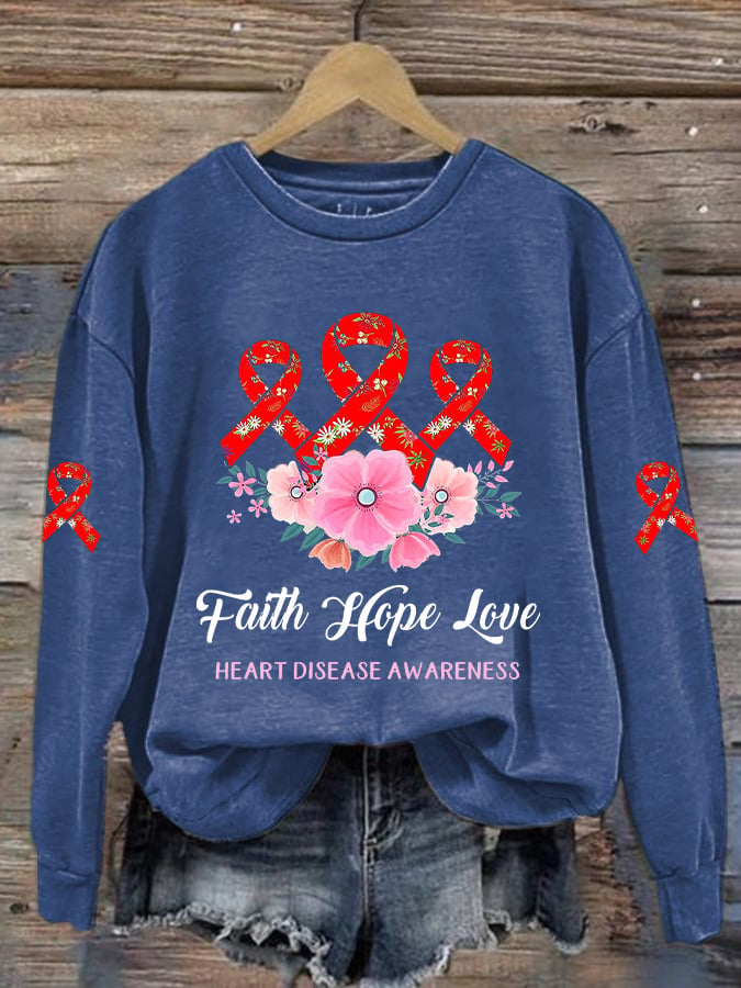 Women's Casual Heart Disease Awareness In February Wear Red Printed Long-Sleeve Sweatshirt