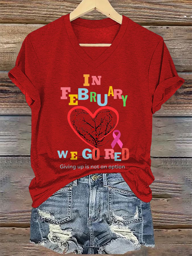 Women's Casual Heart Disease Awareness Printed Short-Sleeve T-Shirt