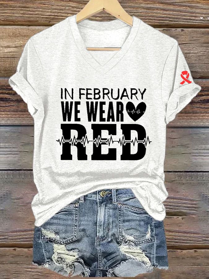 Women's Casual Heart Disease Awareness Printed Short-Sleeve T-Shirt