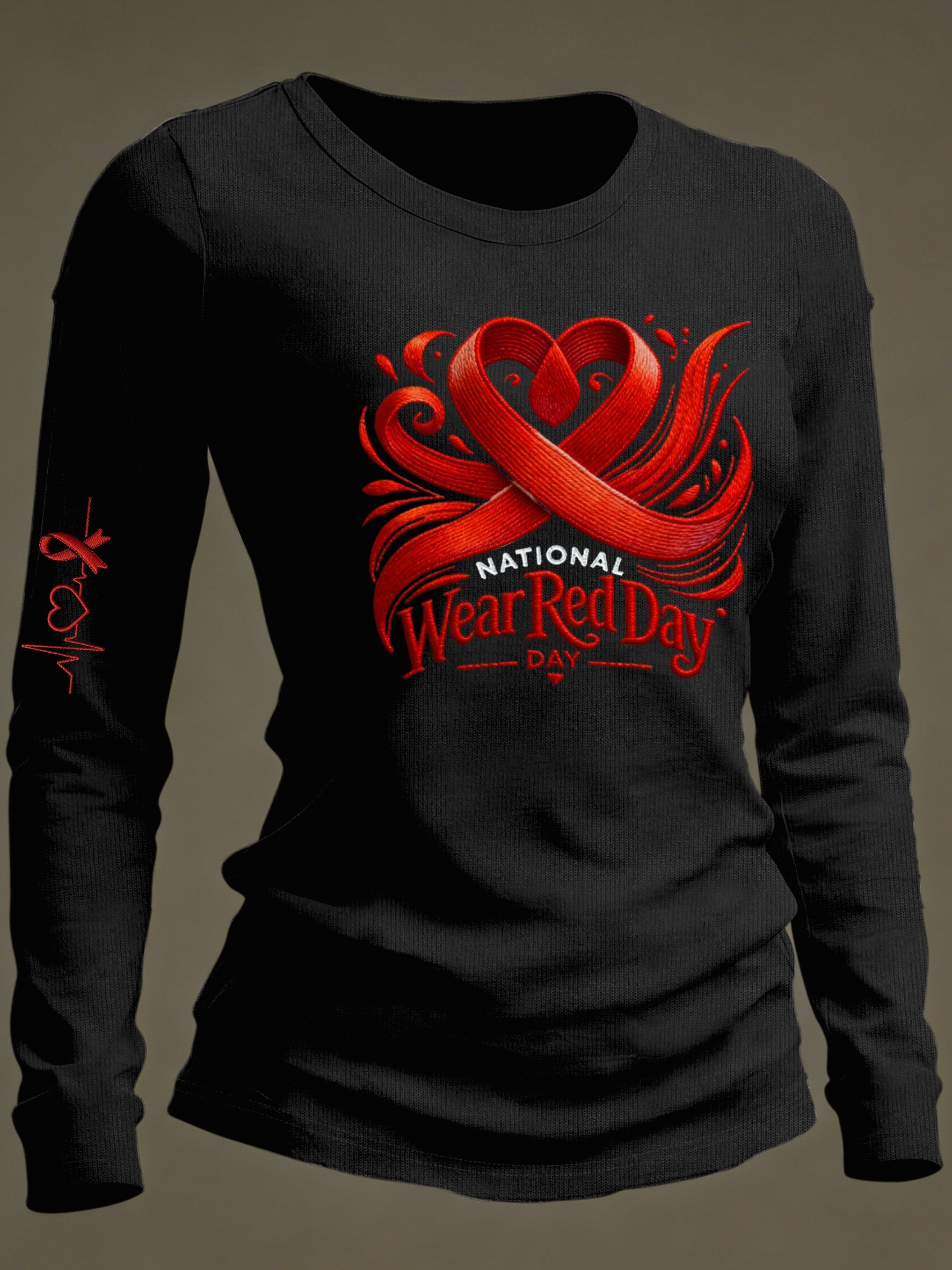 Women's Casual Heart Disease Awareness Print Long-Sleeve T-Shirt