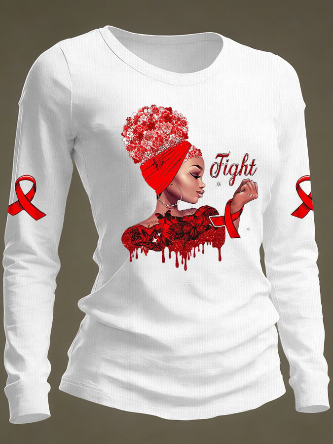 Women's Casual Heart Disease Awareness Print Long-Sleeve T-Shirt
