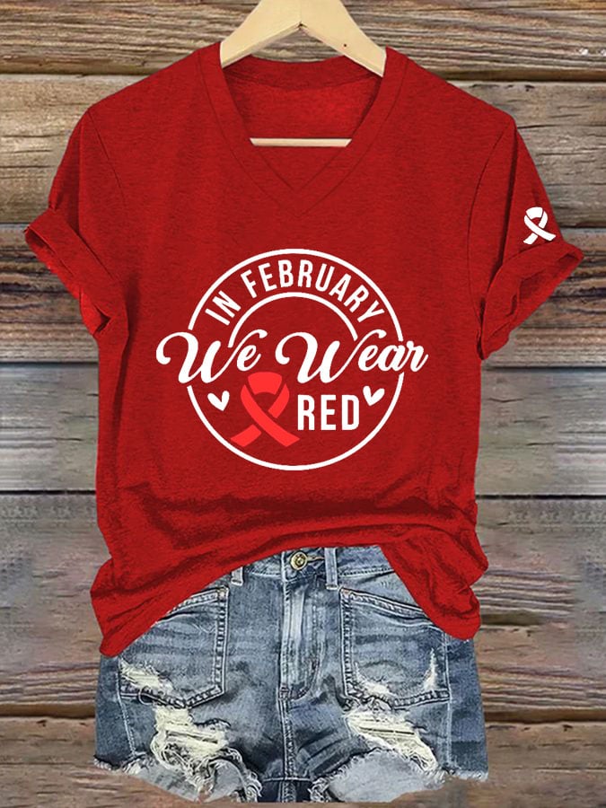 Women's Casual Heart Disease Awareness Printed Short-Sleeve T-Shirt