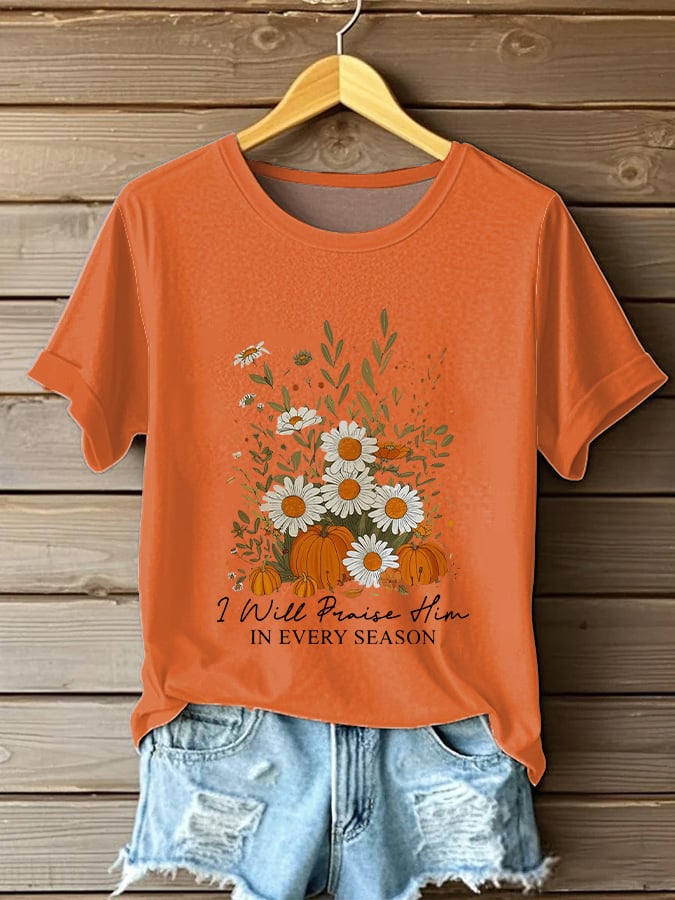 Women's Casual Autumn Faith Graphic Print Round Neck Short Sleeve T-Shirt